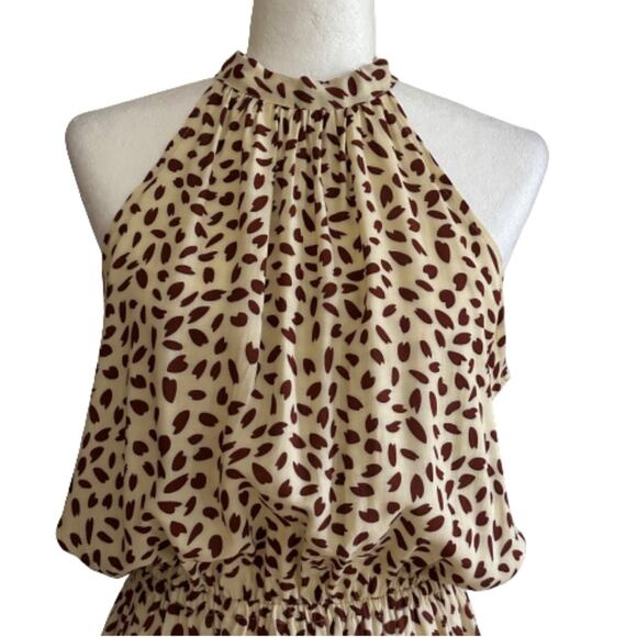 Coeur DE Vague Dress Cream Brown Print Sleeveless Halter Tie Back Dress Medium - Picture 4 of 12